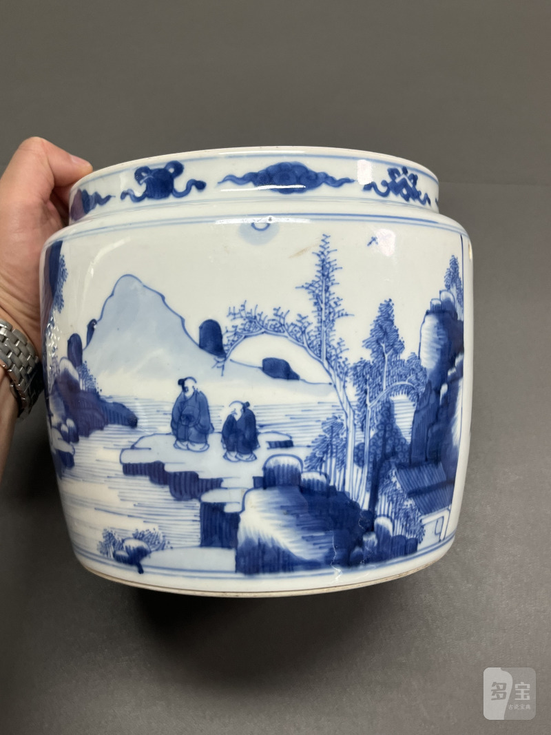 清康熙 青花山水人物图粥罐 - 图7